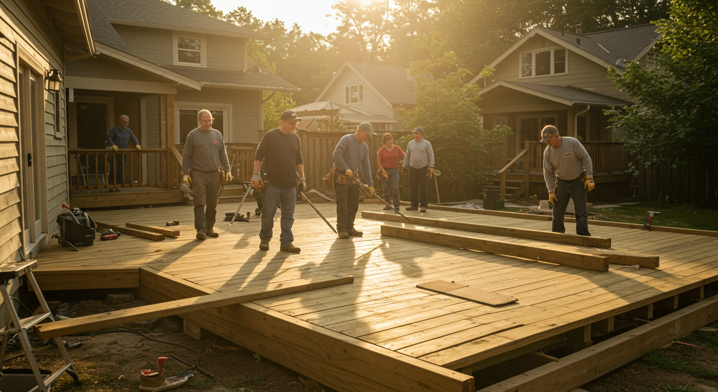 A team of local builders collaborating on a deck project, showcasing teamwork and community craftsmanship in a residential setting.