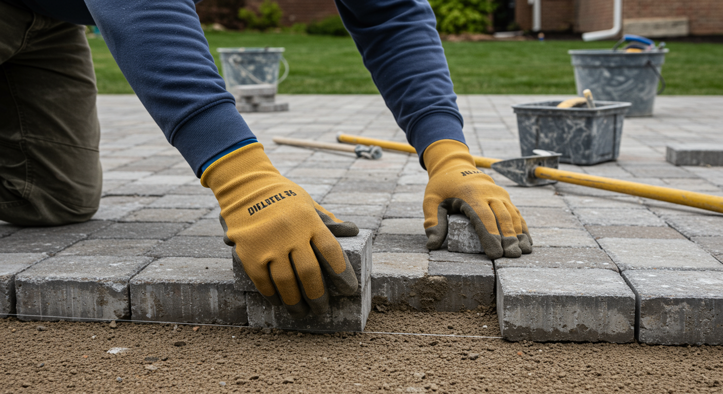 A close-up of a skilled contractor laying down pavers for a patio, with tools and materials neatly arranged around. The background shows a suburban home typical of Commerce City.