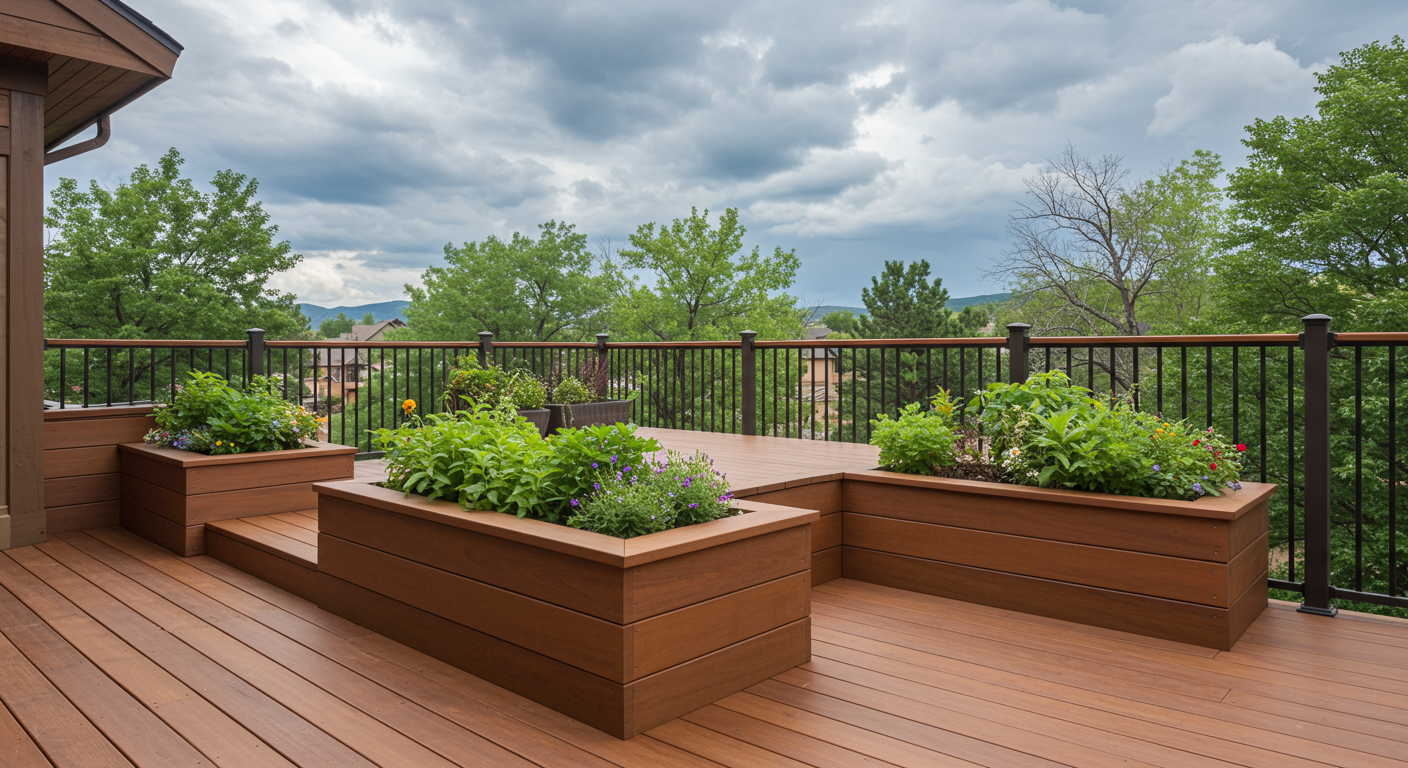 A spacious raised deck with integrated planters and a railing, showcasing various plants that blend seamlessly with the deck's design, with the Colorado sky above.