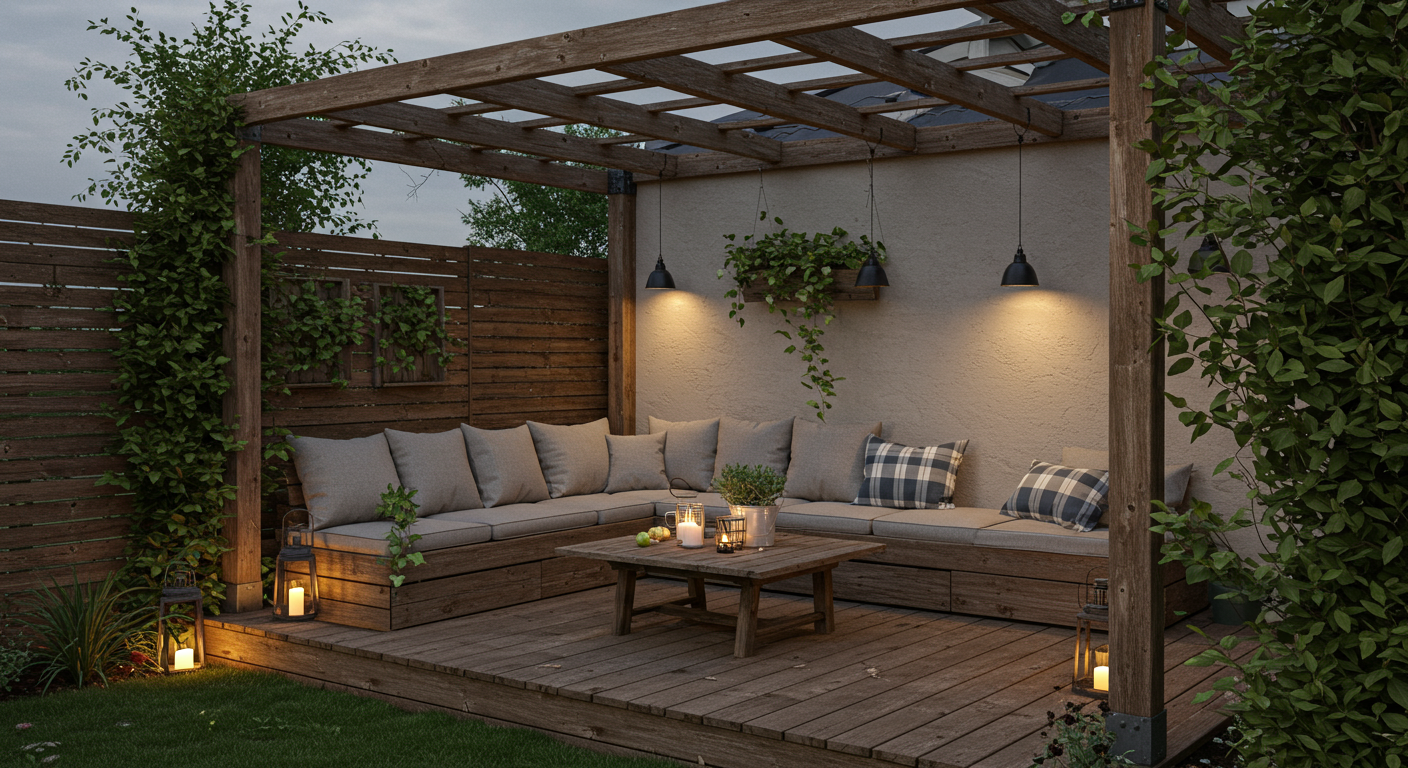 A cozy outdoor living space showcasing a rustic wooden deck with a pergola, adorned with climbing plants, outdoor lighting, and a lounge area with cushions.