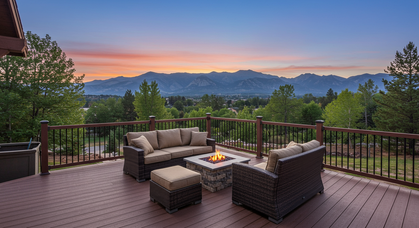 A beautifully designed composite deck overlooking a scenic view of the Fort Collins mountains, featuring comfortable outdoor furniture and a cozy fire pit.