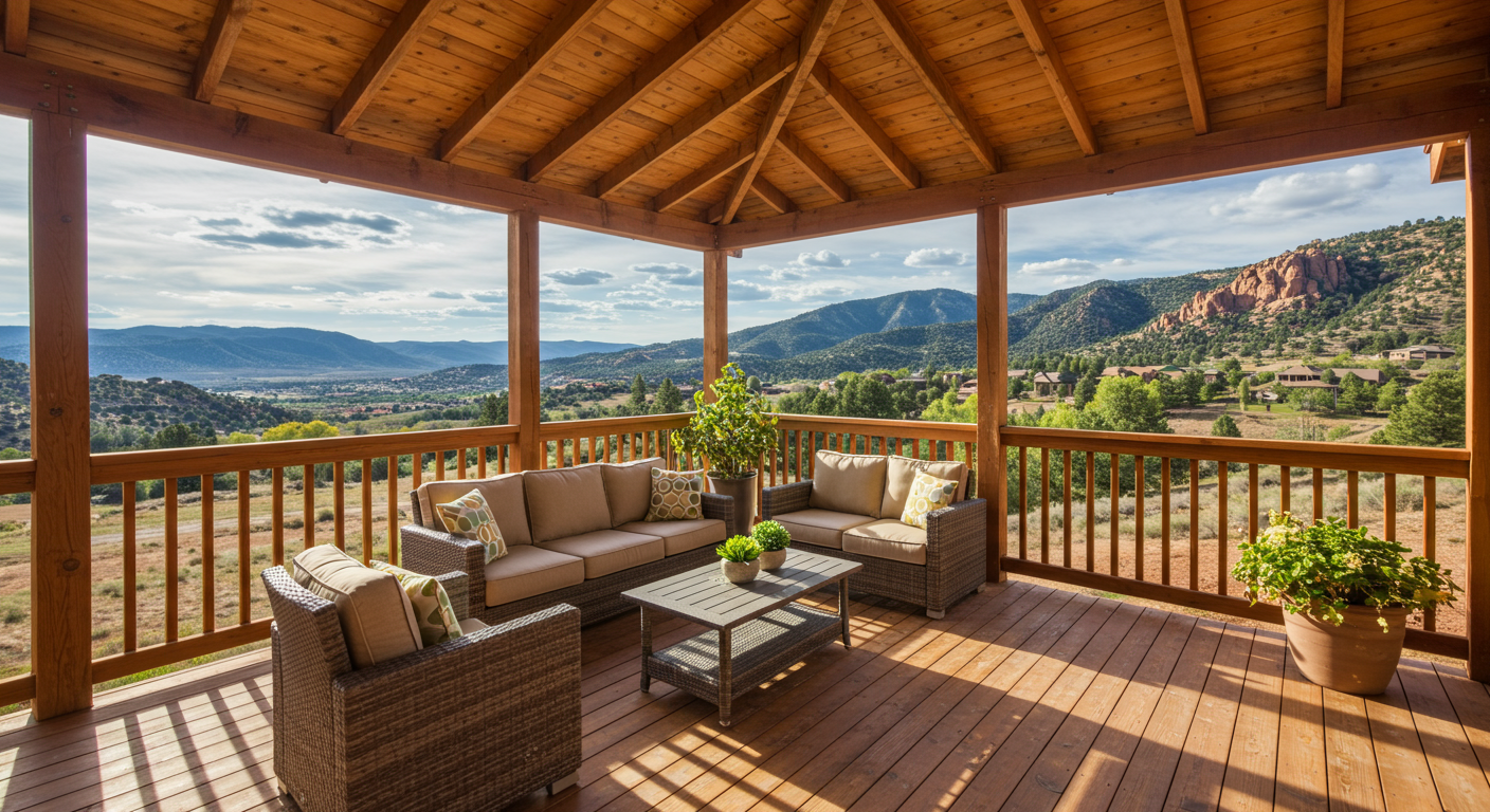 A beautifully designed wood covered deck overlooking a scenic view of Castle Rock, CO, featuring comfortable outdoor furniture and decorative plants. The deck is bathed in warm sunlight, creating an inviting atmosphere.