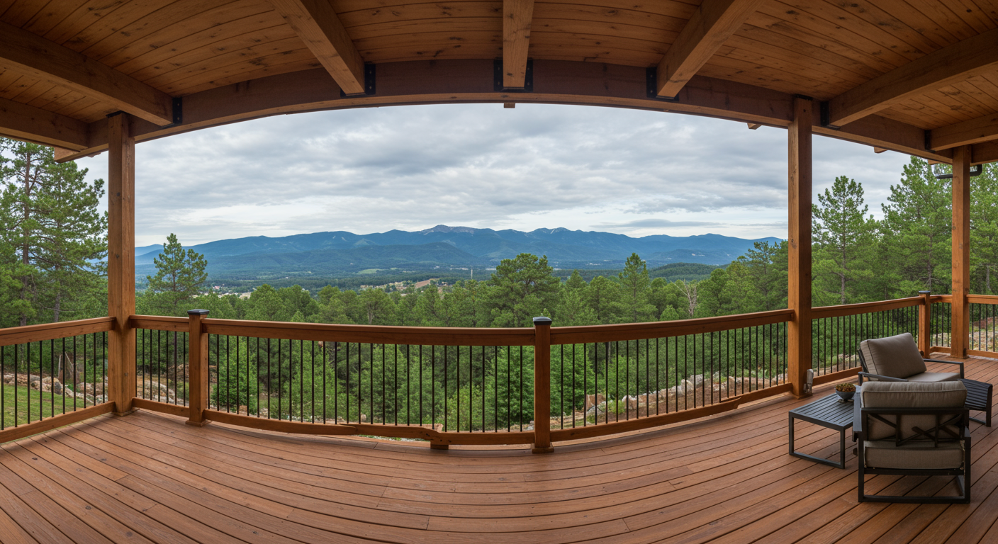 A panoramic view of a beautifully designed deck overlooking a scenic landscape, with mountains in the distance.