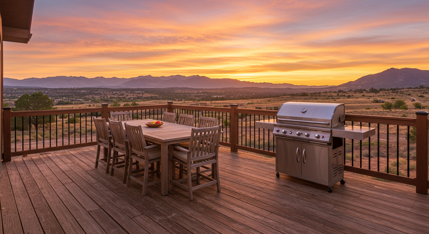 A spacious deck with a dining area, showcasing a barbecue grill and a stunning sunset view over the Colorado Springs landscape.