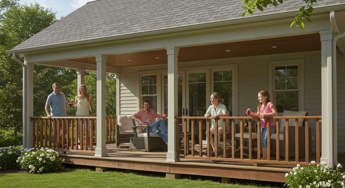 A family gathered on a covered porch, enjoying a sunny day. The image captures the joy of outdoor living, with children playing and adults relaxing, highlighting the social aspect of covered porches.
