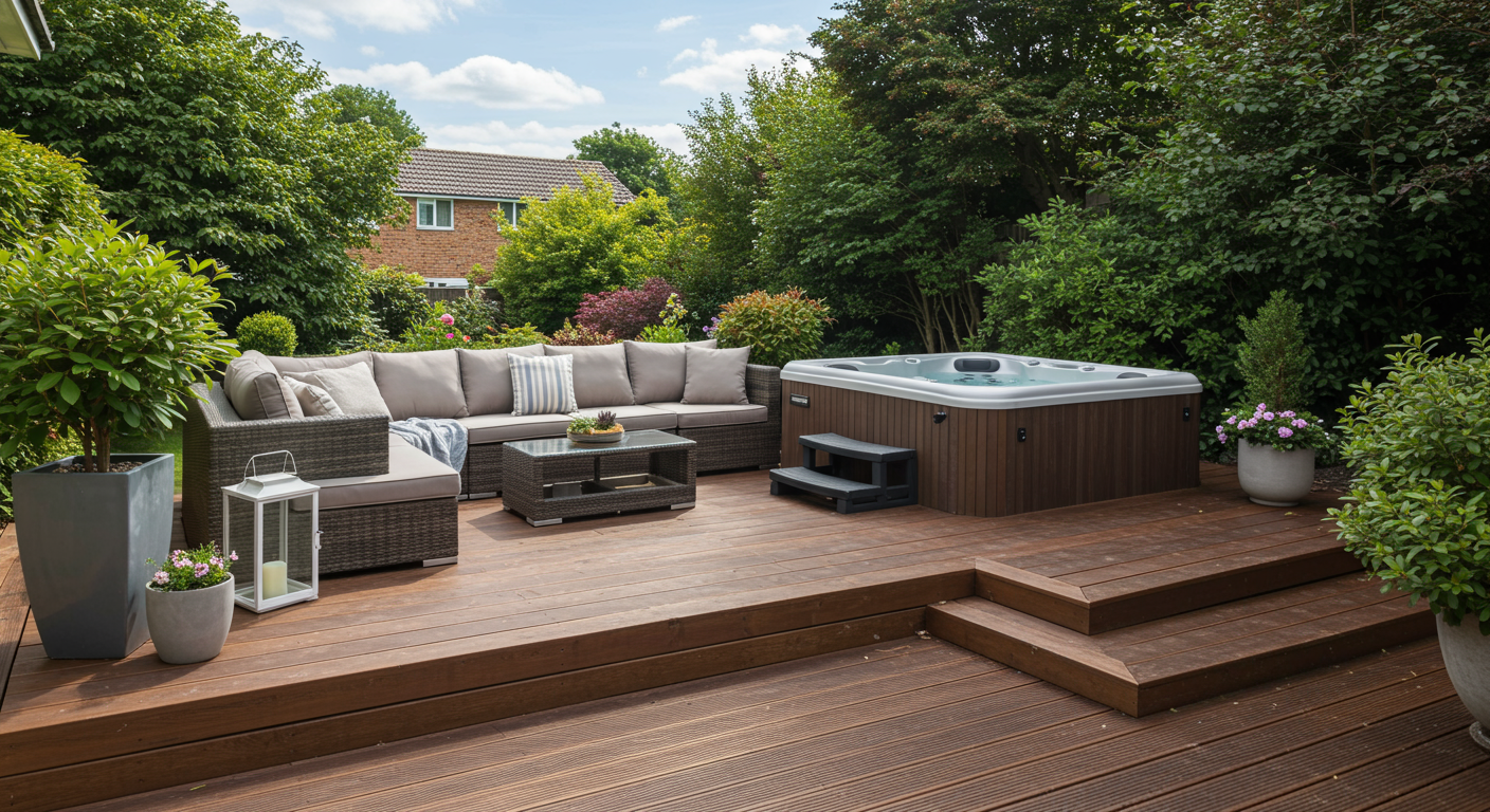 A modern deck featuring a luxurious hot tub, surrounded by wooden decking and landscaped gardens. The deck includes seating areas for relaxation, with soft cushions and outdoor decor enhancing the ambiance.