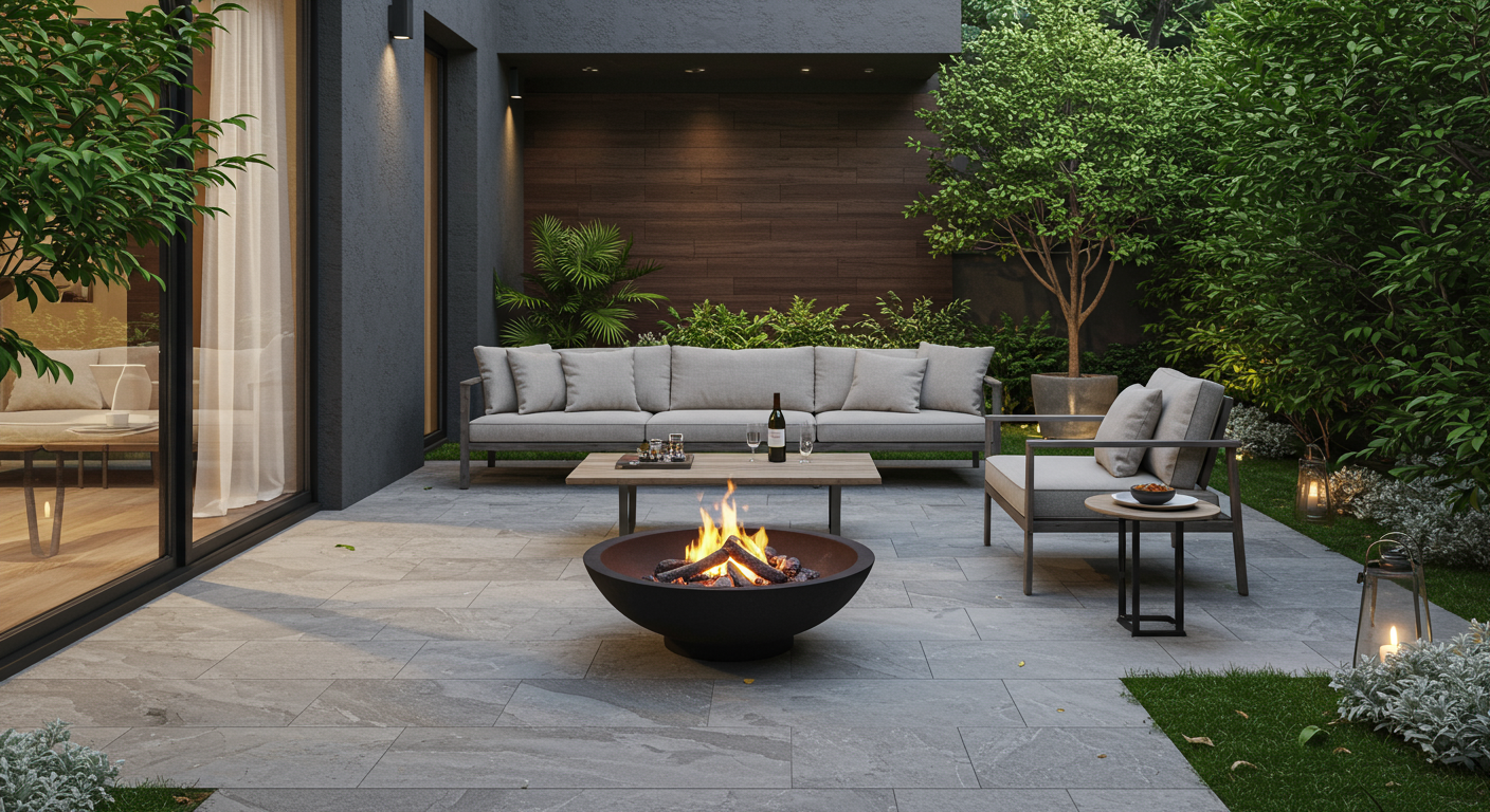 A sleek, modern patio featuring a combination of stone and wood materials, with stylish outdoor furniture and a fire pit. Lush greenery surrounds the space, creating a serene atmosphere.